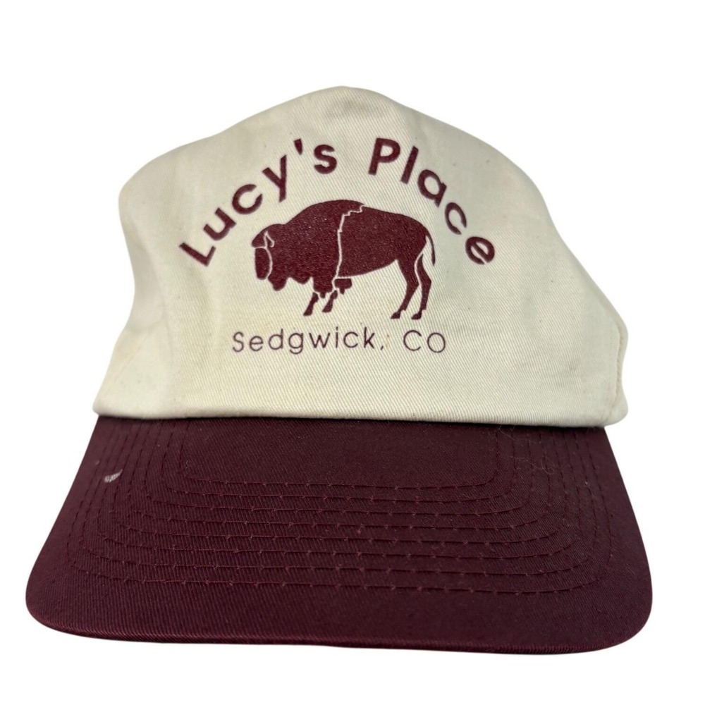 Vintage‎ Lucy's Place Sedgwick CO Buffalo Snapback Hat Cobra Caps Maroon Cream